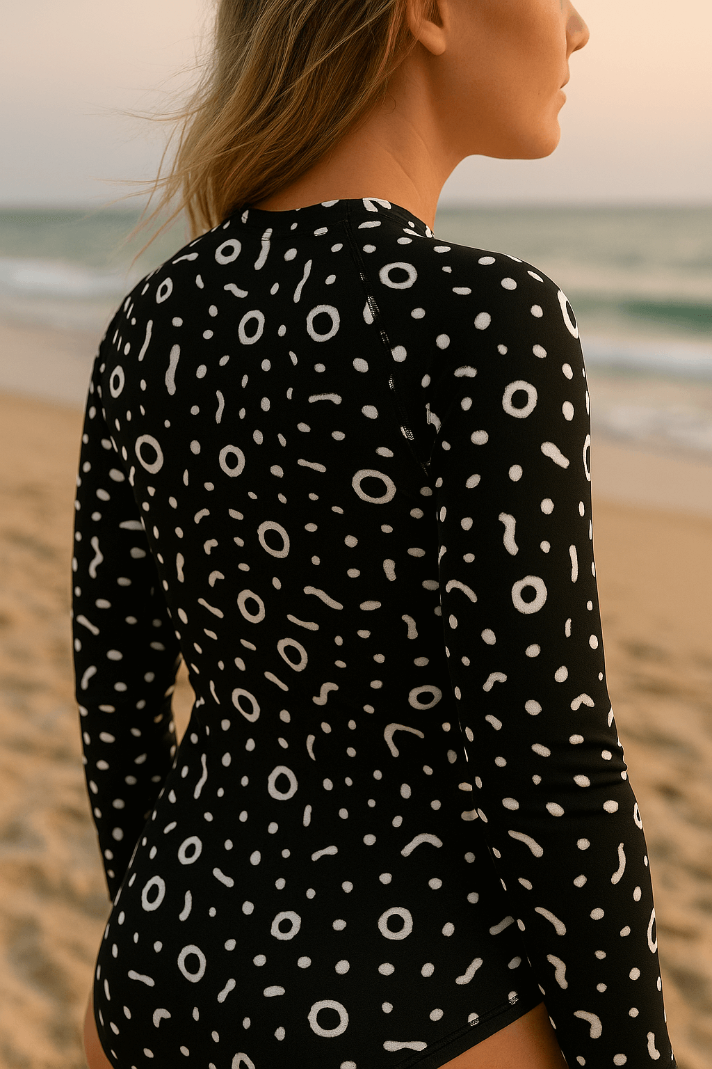 Woman wearing a black and white patterned rash guard on a beach